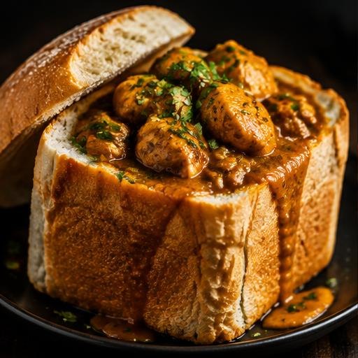 Illustrative chicken curry bunny chow for canteen catering in Gqeberha