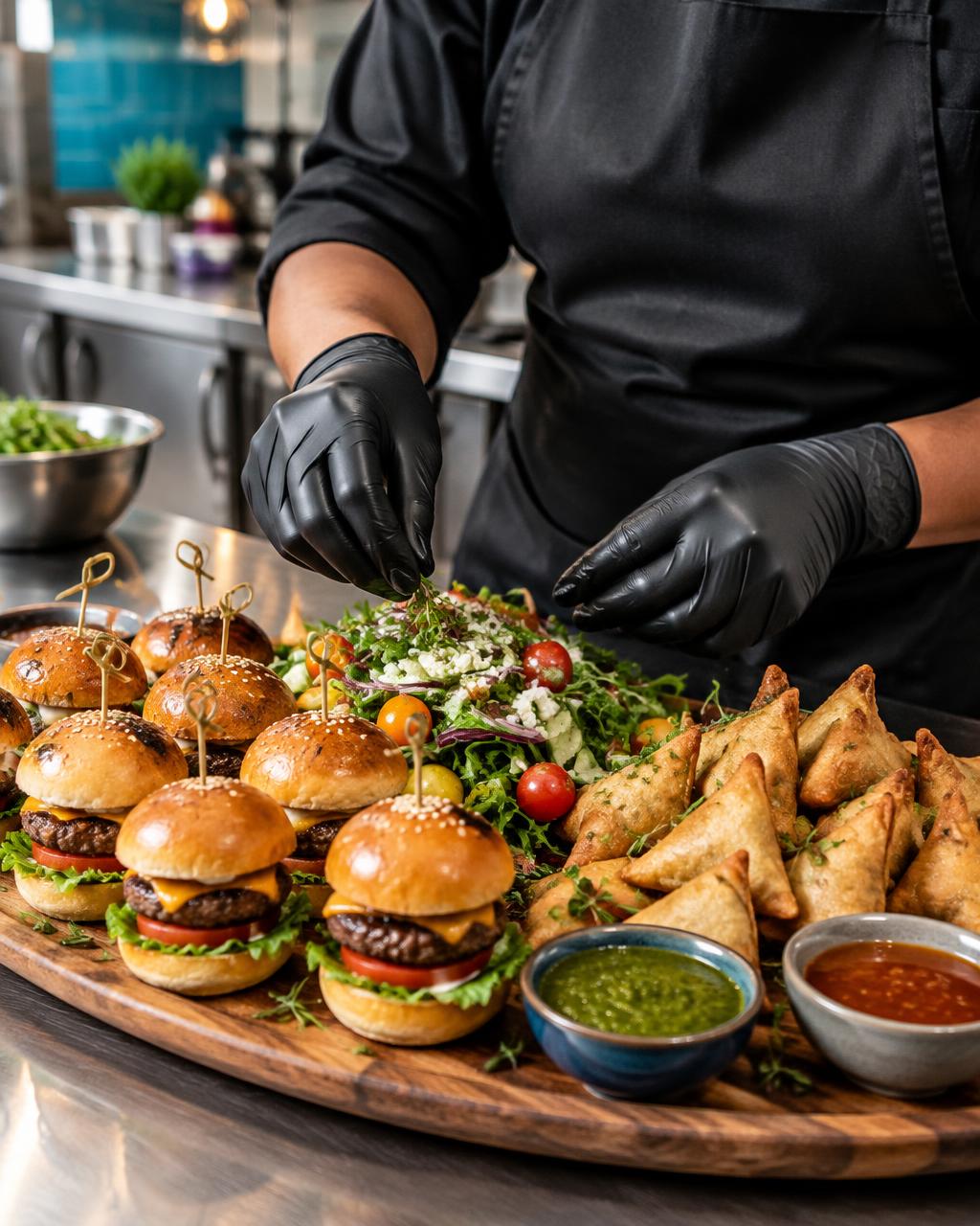 Illustrative chef preparing a catering platter — not a portrait of Liezel Solomon