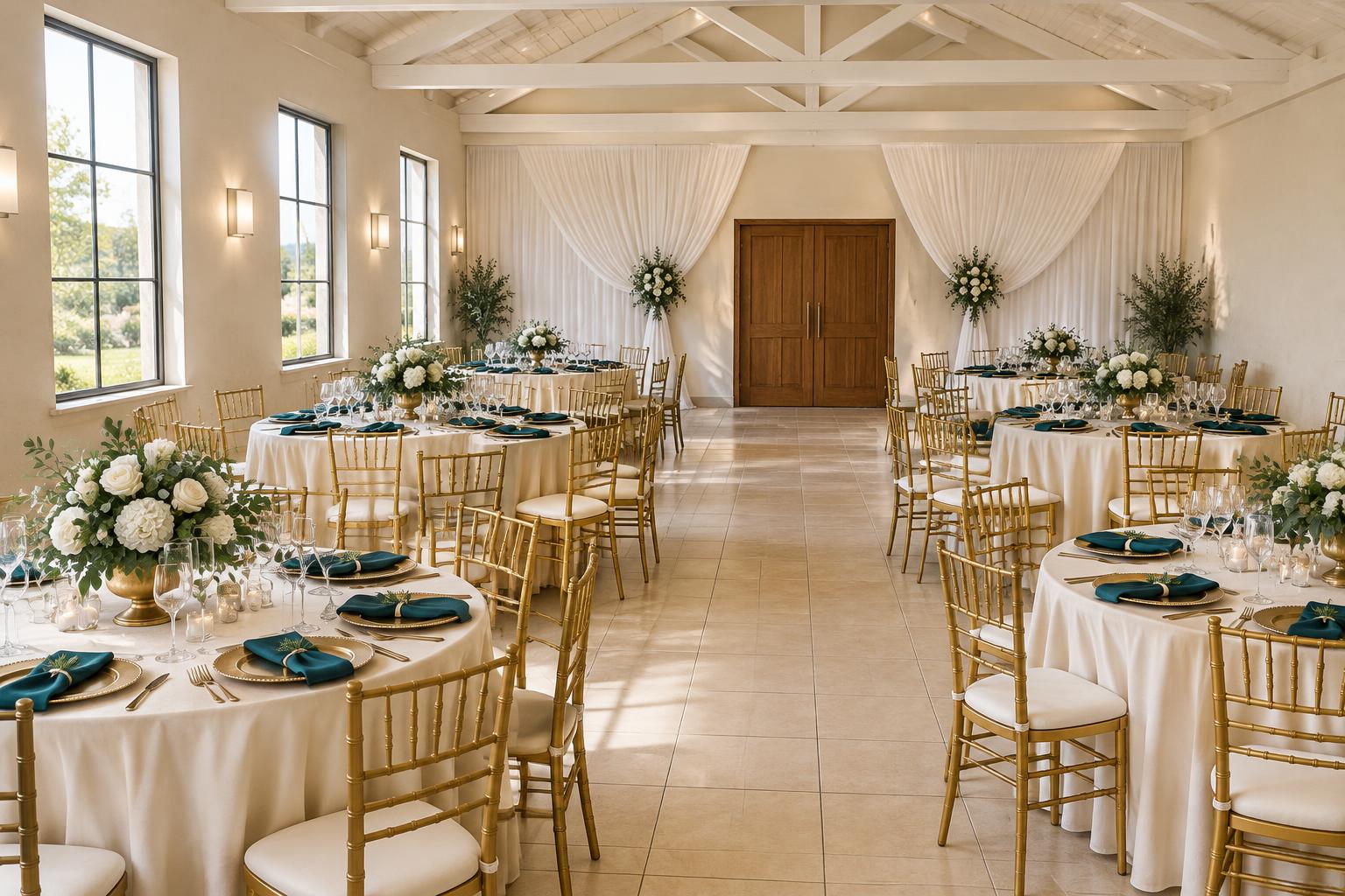 Illustrative event styling with gold chairs and teal napkins