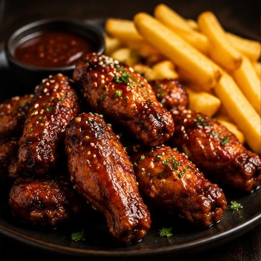 Illustrative sticky chicken wings and chips for staff canteen catering Port Elizabeth